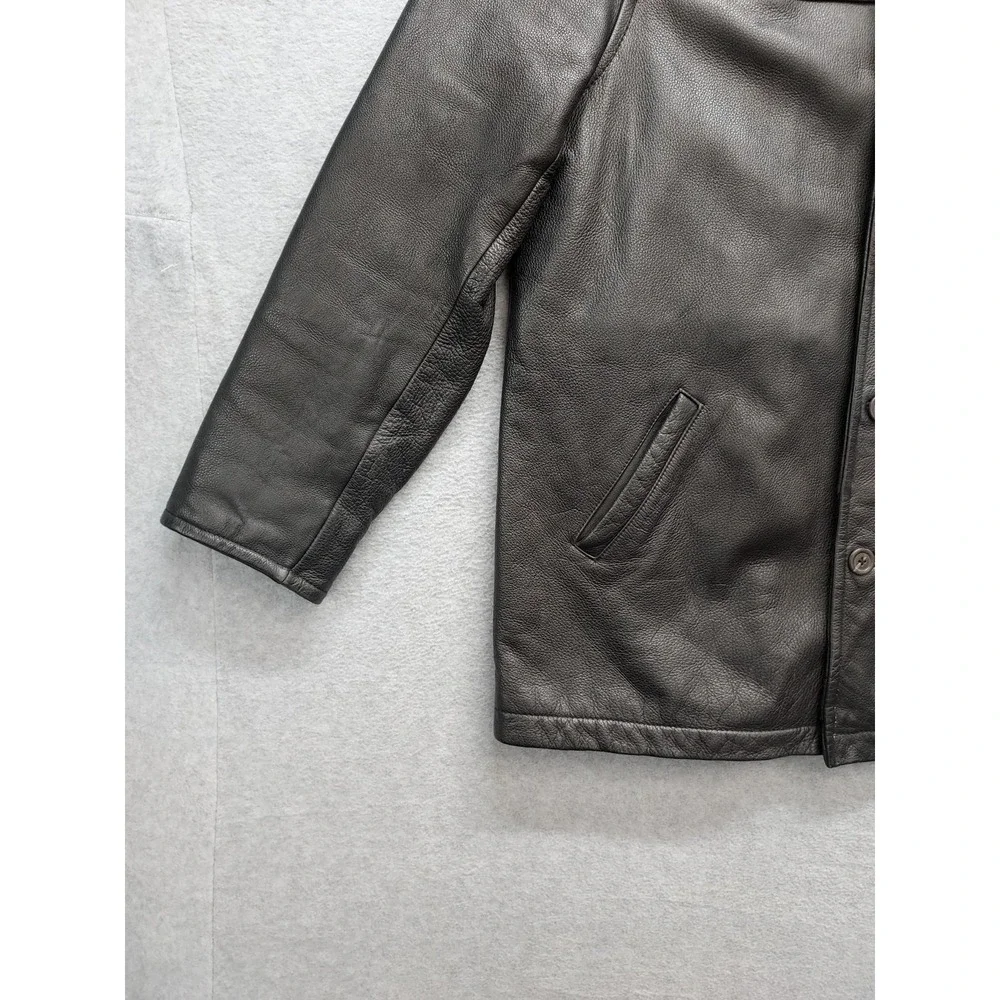J Crew Men Jacket M Black 100% Leather Button Front Pockets Collared Outdoor